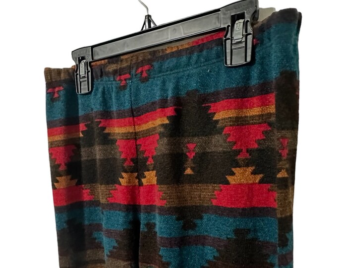 Southwestern Print Aztec Print Knit Stretch Leggings Rust Teal Brown Red Boho Style Womens Small