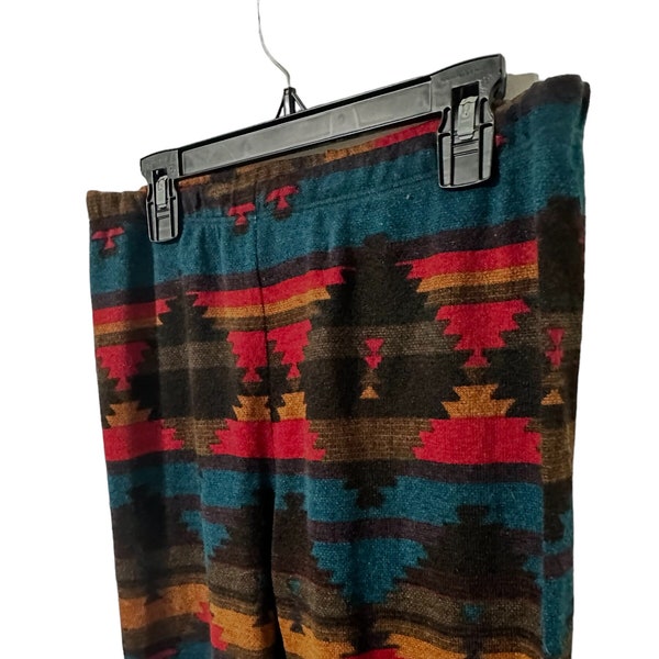 Navajo Southwestern Print Pattern Aztec Tribal Knit Stretch Leggings Red Brown Teal Orange Boho Style Womens Large