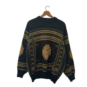 Embroidered Eagle Sweater Vintage Pullover by Sistem Triko Black & Gold Mens Size Large