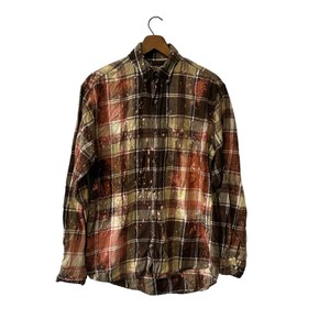 Earthtones Brown Beige Bleach Splattered Flannel Shirt Unisex Mens Size Small