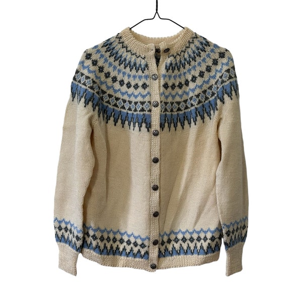 Beautiful Nordic Fair Isle Wool Cardigan Sweater for Women's Small Cream Blue Knit Button Sweater