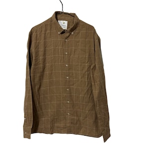 Vintage Beige Grid Line Plaid Button Down Men&#39;s Shirt Size Large Thin Neutral Earth Tones