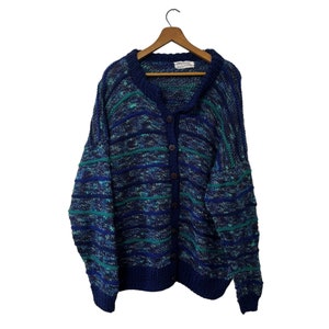 80s 90s Blue Vintage Knit Sweater Cardigan Button Down New Zealand Jumpers Size Large Blue Teal Knitted Sweater