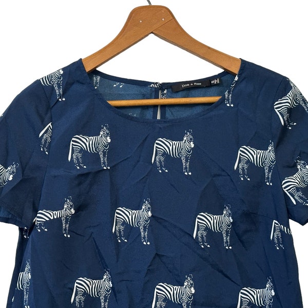 Zebra Blouse Casual Dress Top for Women Navy Blue White Short Sleeve Keyhole Back Size Large Womens