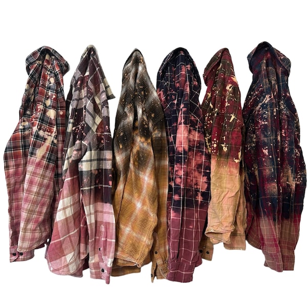 PICK ONE: Bleach Splattered Dip Dyed and Distressed Flannel Shirts Grunge Style Layering Flannels Unisex Mens and Boyfriend Fit Shirts