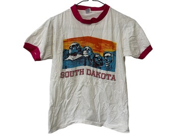 Vintage 80's South Dakota Mount Rushmore T-shirt for Kids Childrens Size XL 18-20 Ringer Tee White Pink Graphic Shirt