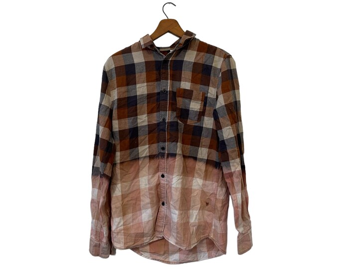 Half Bleached Flannel Shirt Size Small Mens Unisex Rust Beige Neutrals Bottom Half Bleach