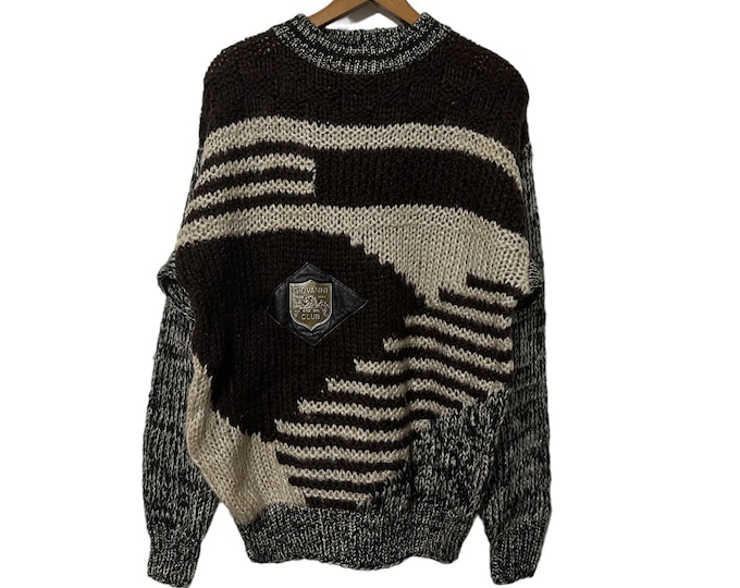 Vintage 80's Knit Giovanni Club Sweater Men's Brown Black Tan Acrylic with Leather Badge Size XL