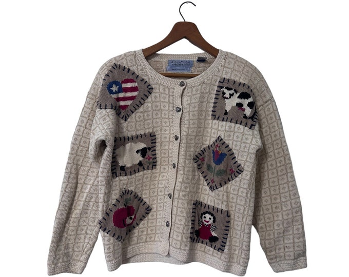 Hand Embroidered Vintage Women's Cardigan Size Small Cow Sheep Apple Flowers American Flag Doll Characters Signatures by Northern Isles