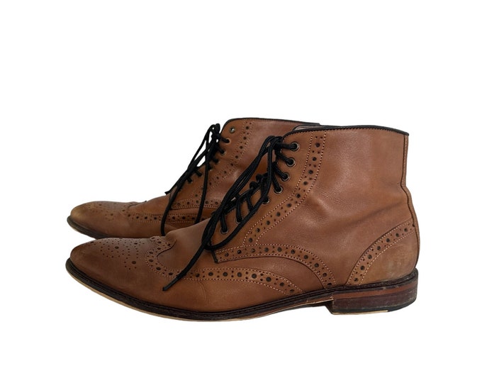 Men's Italian Leather Wingtip Ankle Boots Lace Up with Stacked Short Vibram Sole Brown Cognac Joseph Abboud Men's 10.5