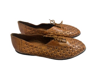 Vintage Women's Brown Basketweave Woven Flats The Leather Collection Tie Up Lace-Up Shoes Made in Brazil Size 10 US Women