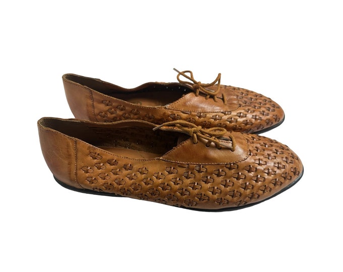 Vintage Women's Brown Basketweave Woven Flats The Leather Collection Tie Up Lace-Up Shoes Made in Brazil Size 10 US Women