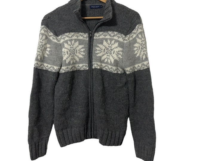 Vintage Full Zip Sweater Grey White Snowflake Pullover Sweater Size Small