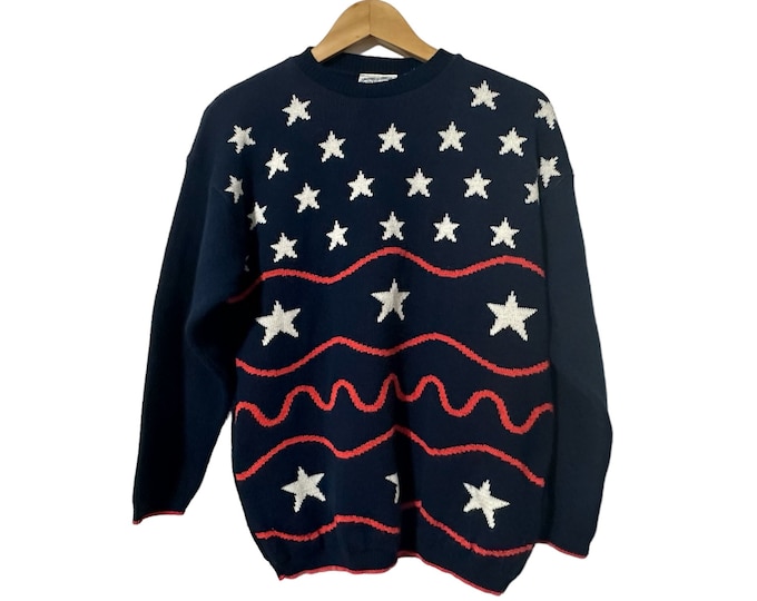 American Flag Stars and Stripes Sweater Blue Red White 4th of July Sweater Size Medium Americana Clothing