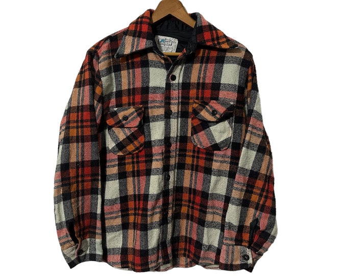 Evermore Flannel Wool Blend Outdoors 70s Vintage Kmart Plaid Shirt Orange Black White Small