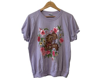 90's Cuddle Bears Floral Graphic Purple Puff Sleeve T-shirt Women's Large Basic Editions