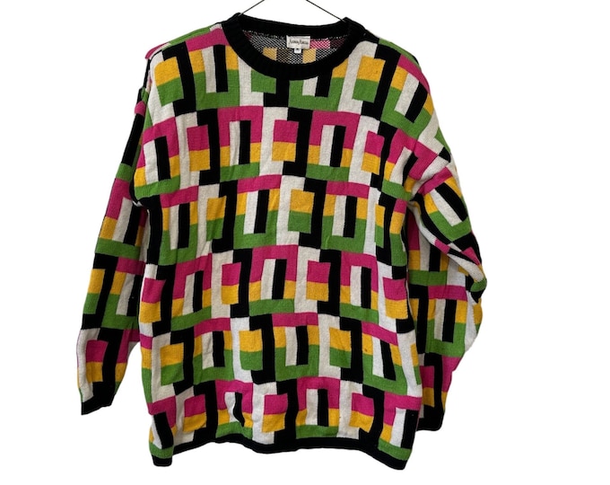 Neiman Marcus Women's Color Block Sweater | Pink Yellow Green Black White | Size Medium