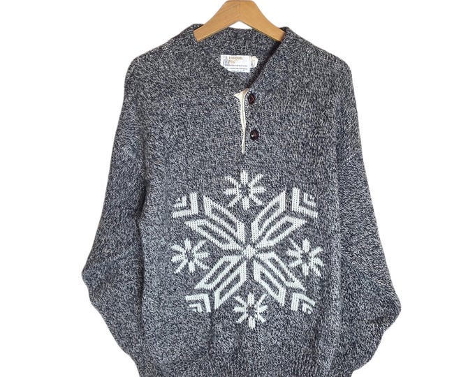 London Fog Snowflake Sweater Gray White Wool Quarter Button Long Sleeve Vintage Pullover Sweater