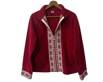 Vintage L.L. Bean Full Zip Red and White Snowflake Fleece Jacket Womens Size Medium