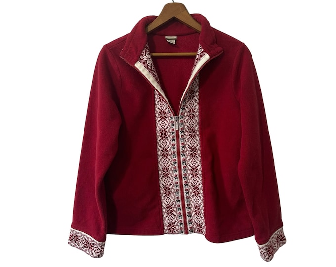 Vintage L.L. Bean Full Zip Red and White Snowflake Fleece Jacket Womens Size Medium