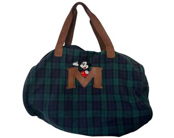 Vintage Mickey Mouse Blackwatch Plaid Duffle Bag with Leather M Disney Store Travel Bag