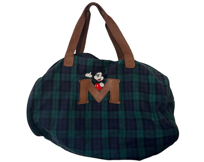 Vintage Mickey Mouse Blackwatch Plaid Duffle Bag with Leather M Disney Store Travel Bag