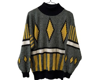 Vintage 80's 90's Turtleneck Geometric Sweater Pullover Yellow Black Gray Size Large
