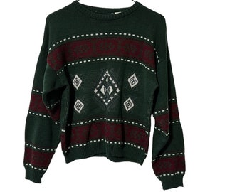 Geometric 90's Kid Sweater Acrylic Dark Green Burgundy Vintage Boys Size Large