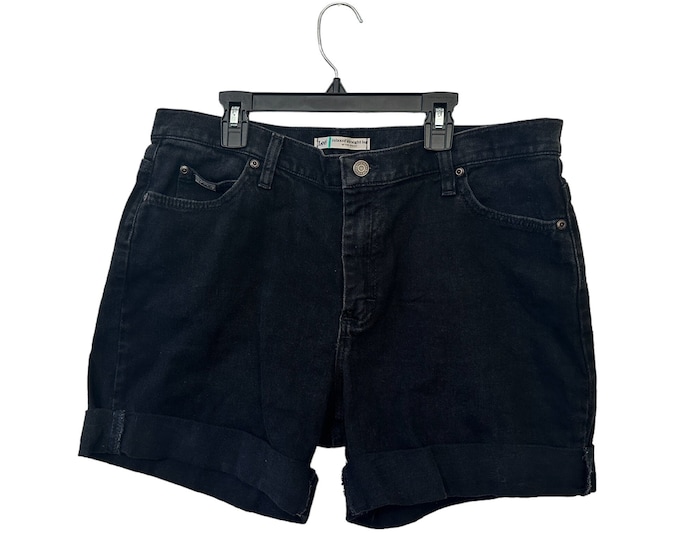 Women's Black Denim Reworked Shorts Lee Relaxed Straight Leg Shorts Black Denim Cuffed Legs 5-Pocket Design Size 14 Women