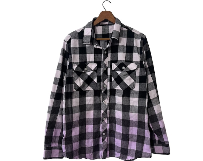 Light Purple Dip Dyed Flannel Shirt Black White Buffalo Plaid Ombre Dye Unisex Adult Small