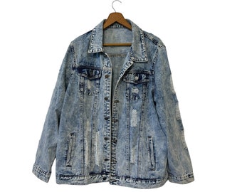 Perfectly Distressed Denim Jacket Acid Washed Size XL