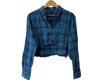 Cropped Flannel Shirt Crop Top Blue Green Plaid Womens Frayed Grunge Half Flannel