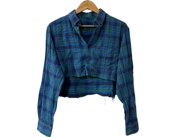 Cropped Flannel Shirt Crop Top Blue Green Plaid Womens Frayed Grunge Half Flannel