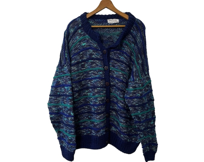 80s 90s Blue Vintage Knit Sweater Cardigan Button Down New Zealand Jumpers Size Large Blue Teal Knitted Sweater