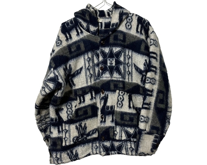 Vintage Alpaca Print Jacket South American Hooded Coat Size Large by Artec Fleece Jacket Navy White Gray