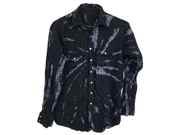 Black Tie-Dye Flannel Size Small with Pearl Snaps Western