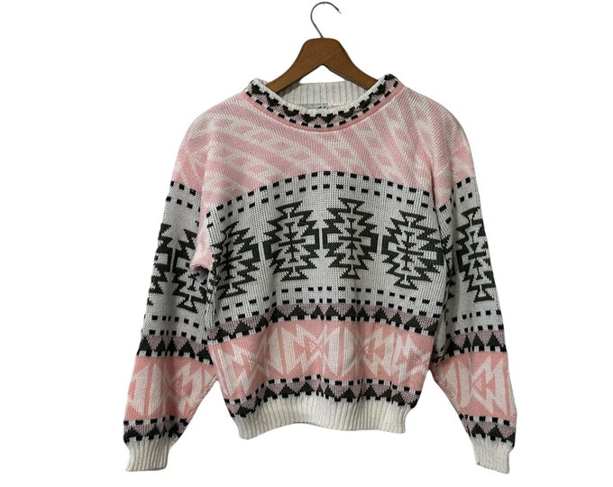 Southwestern Print Sweater Womens Small Aztec Tribal Pattern 90s Vintage Pink & Gray Bri-Ada Pullover