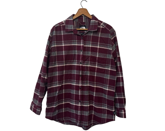 Women's The North Face Flannel Shirt Burgundy & Gray Plaid Soft Cotton Size Large Outdoors Button Down Flannel