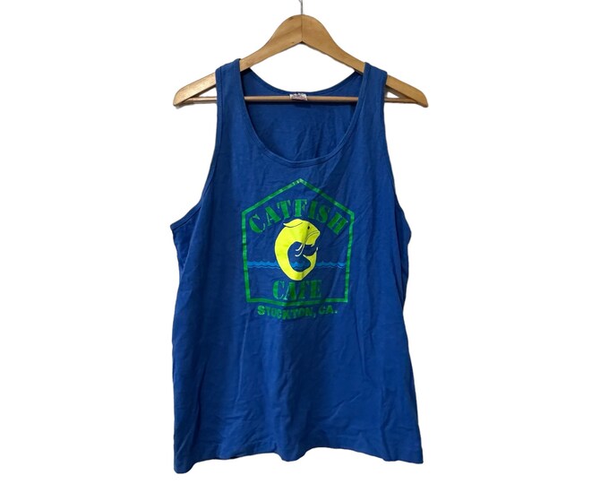 Vintage Tank Top Catfish Cafe Stockton CA 90's Blue Beach Tank Size Large