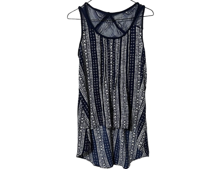 Vertical Print Lace Back Tank Top Navy Blue White Women's Tanktop Flowey Hi Low Back Size Small