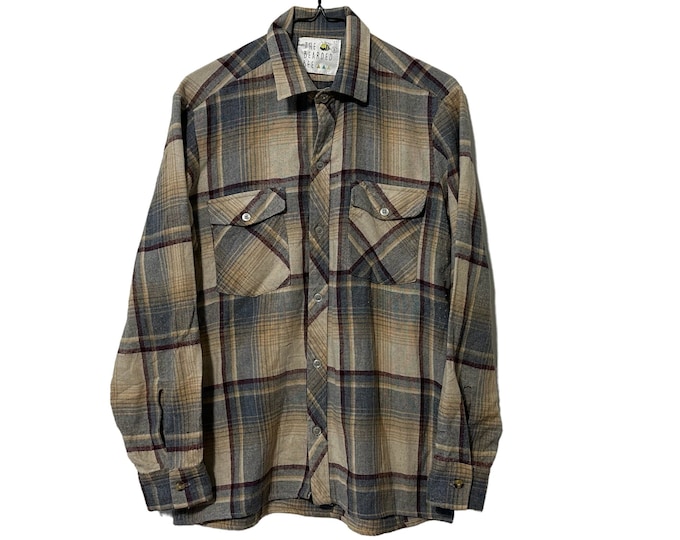 Vintage Tan Blue/Gray Plaid Flannel Size Small Acrylic Blend Shirt