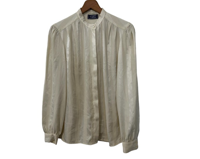 80's Vintage Ivory Solid Striped Dress Casual Work Blouse Iridescent Pearl Buttons Long Sleeve Women's Size 10