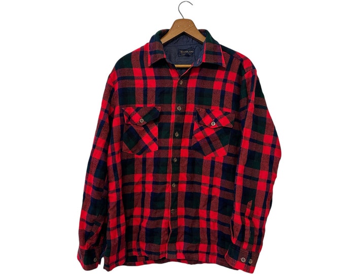 Vibrant Red 80s Acrylic Flannel Shirt Mens Size Small Medium