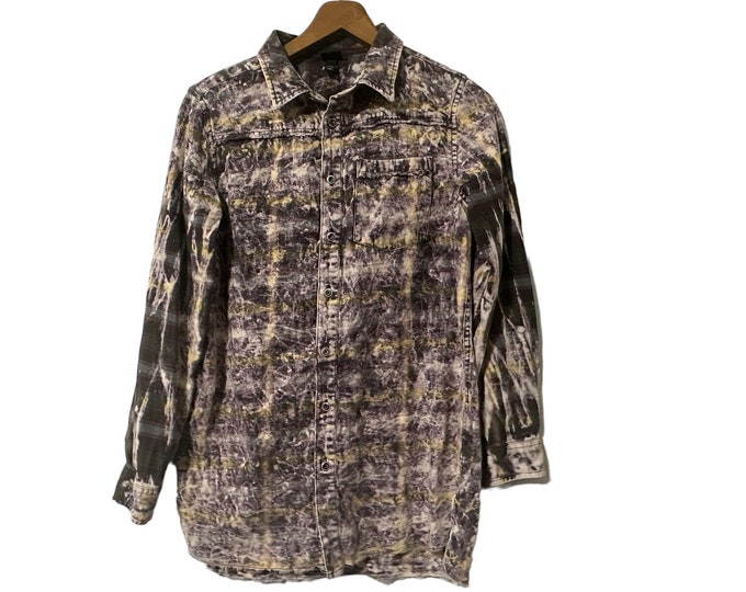 Acid Washed Flannel Shirt Purple Distressed Frayed Edges Size Small