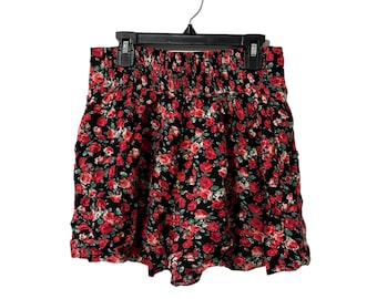 Vintage Women's Casual Floral Shorts Flowy Black Red Green White Roses Elastic Waist Pockets Size Large