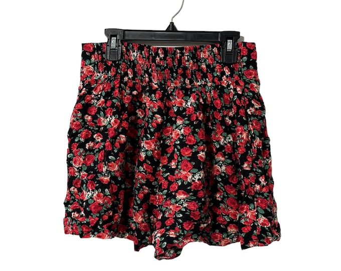 Vintage Women's Casual Floral Shorts Flowy Black Red Green White Roses Elastic Waist Pockets Size Large
