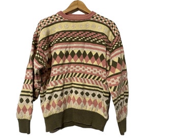 Vintage Cotton Pink & Yellow Geometric Print Sweater Size Large