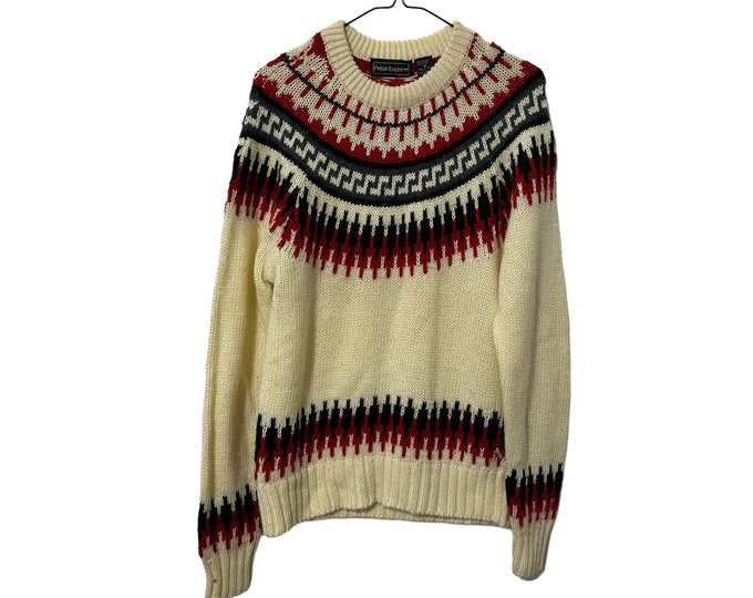 Vintage Fair Isle Sweater Cream & Red Nordic Pattern Pullover Peter England Unisex Size Medium