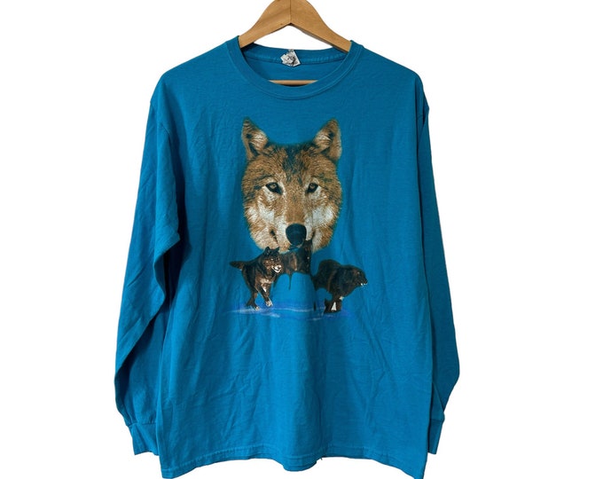 Vintage Wolf T-shirt Long Sleeved Bright Blue Wolf Pack Shirt Size Large