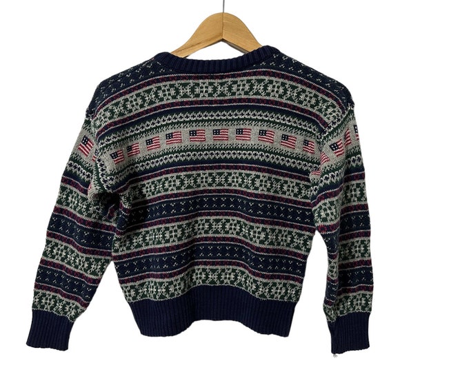 Kids American Flag Sweater Vintage Americana Fourth of July USA Size 8/10 Boys Childrens Cotton Pullover